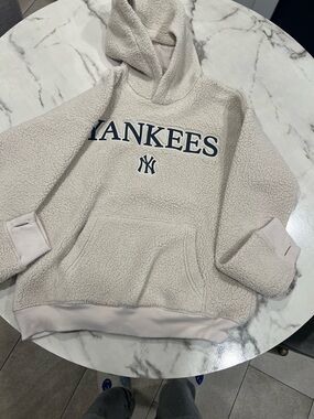 abercrombie kids Cream Sherpa Hoodie with Navy Yankees Logo